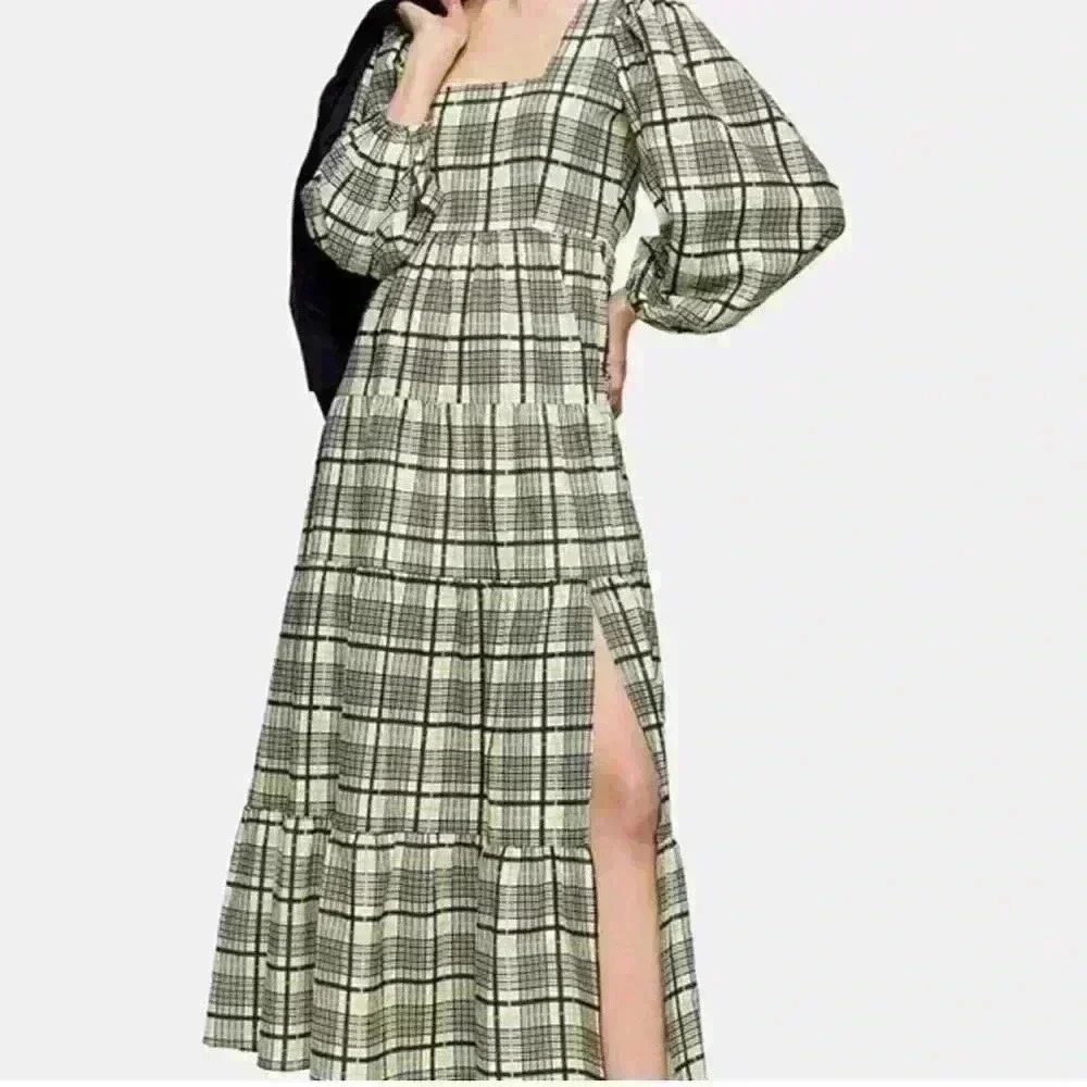 Topshop Plaid Green/Black Cream Tiered Maxi/Midi  Dress Size 8 Front Slit